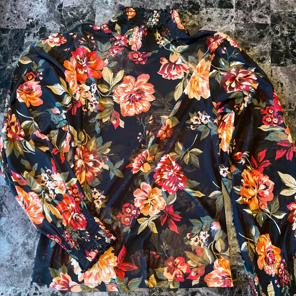 Floral sheer black mock neck blouse